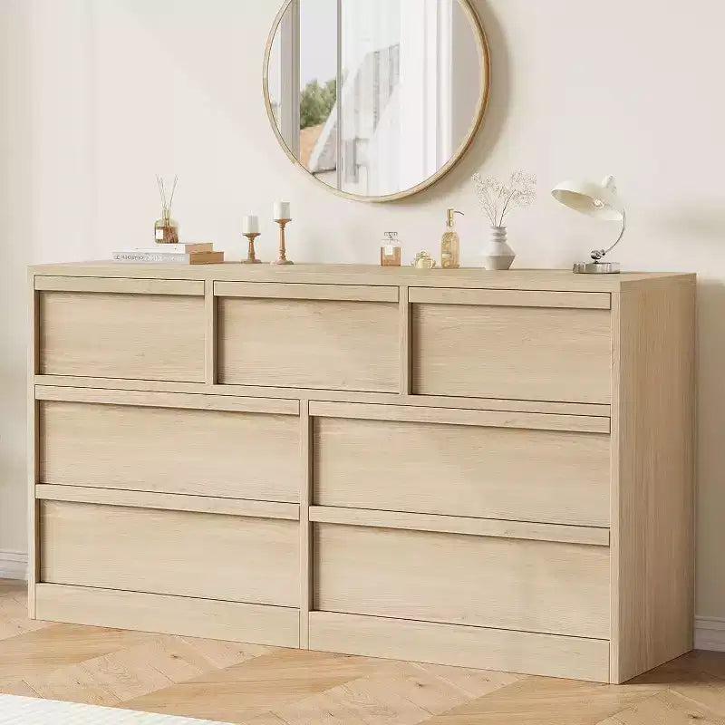 Commode de rangement à 6 tiroirs avec plateau imperméable, finition chêne naturel, pour chambre ou entrée