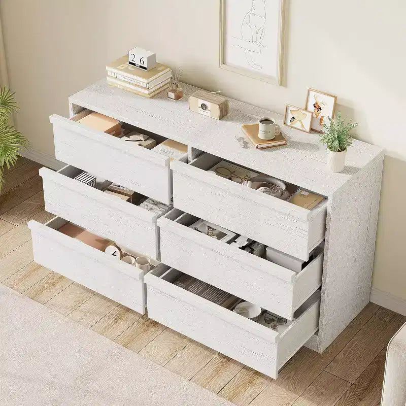 Commode de rangement à 6 tiroirs avec plateau imperméable, finition chêne naturel, pour chambre ou entrée