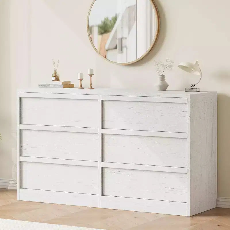 Commode de rangement à 6 tiroirs avec plateau imperméable, finition chêne naturel, pour chambre ou entrée