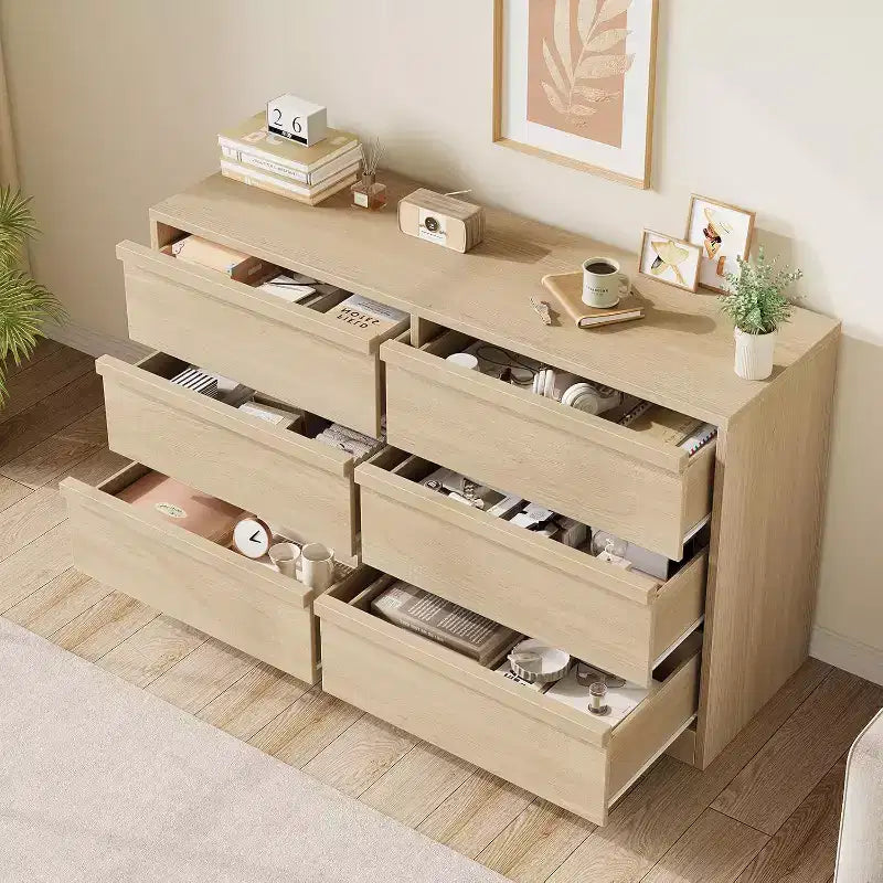 Commode de rangement à 6 tiroirs avec plateau imperméable, finition chêne naturel, pour chambre ou entrée