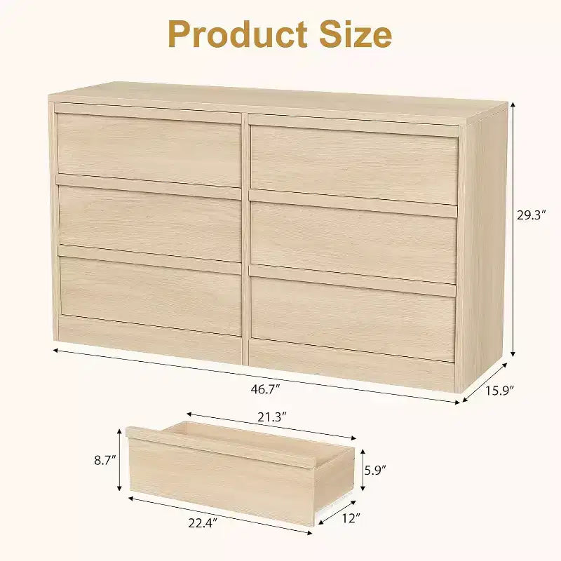 Commode de rangement à 6 tiroirs avec plateau imperméable, finition chêne naturel, pour chambre ou entrée