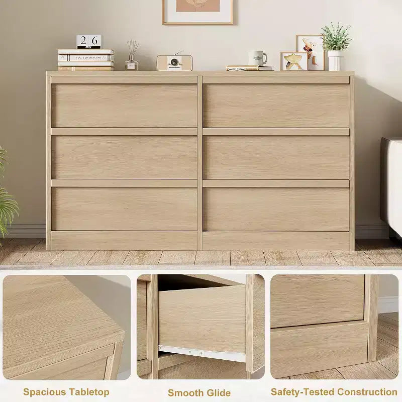 Commode de rangement à 6 tiroirs avec plateau imperméable, finition chêne naturel, pour chambre ou entrée