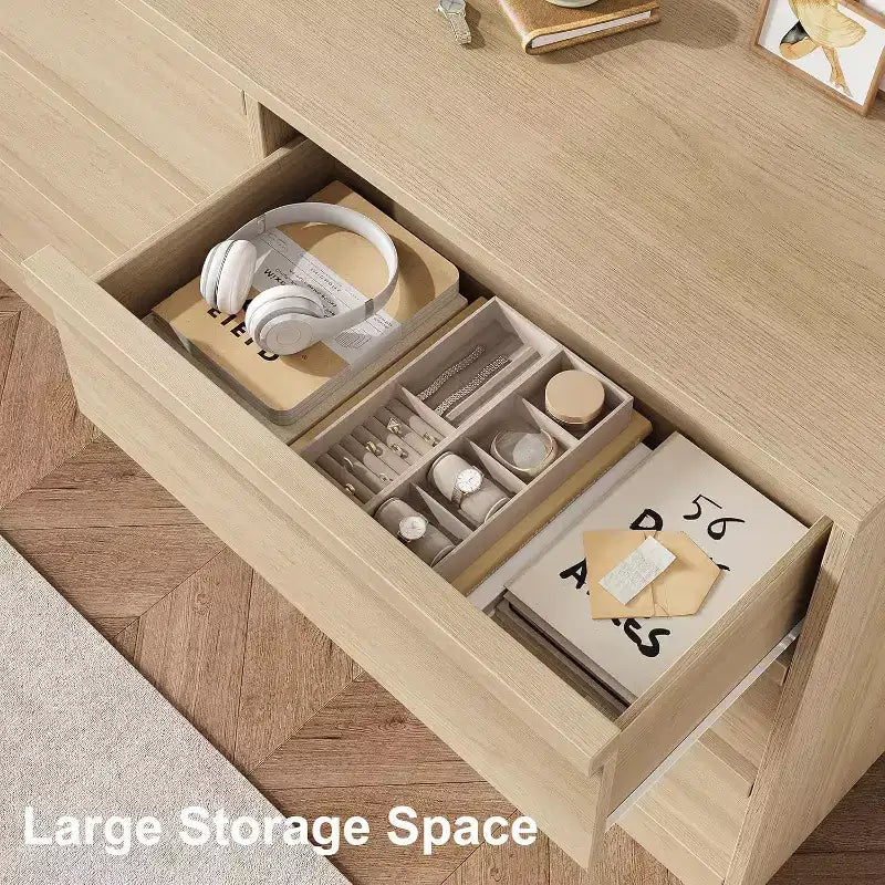 Commode de rangement à 6 tiroirs avec plateau imperméable, finition chêne naturel, pour chambre ou entrée