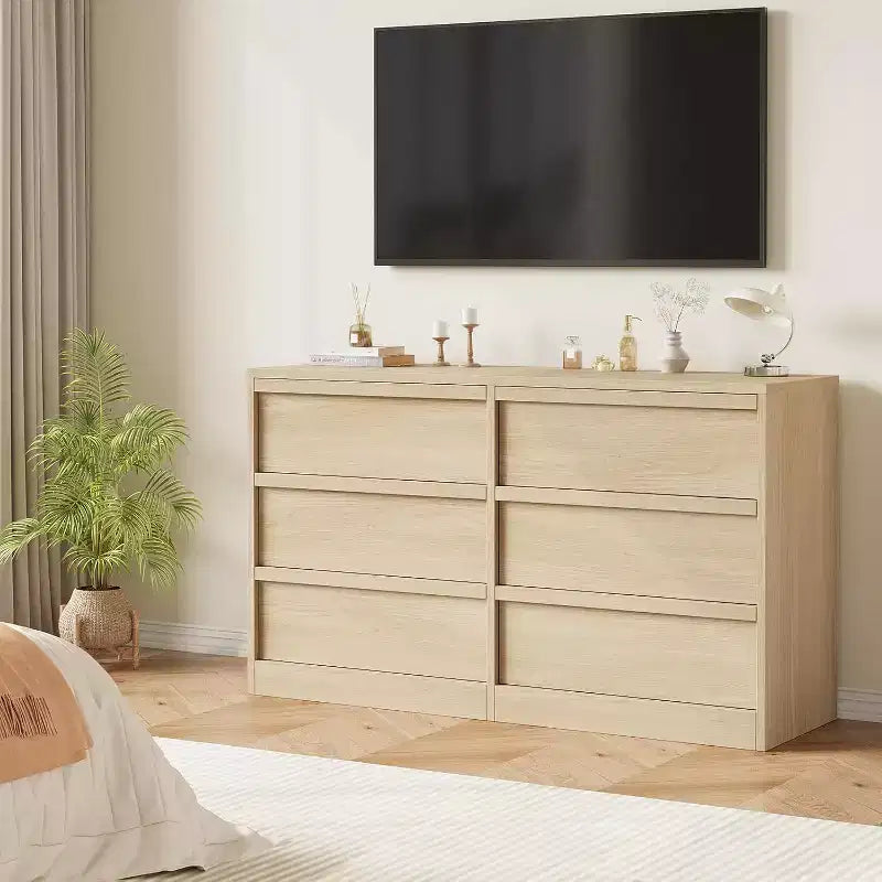 Commode de rangement à 6 tiroirs avec plateau imperméable, finition chêne naturel, pour chambre ou entrée