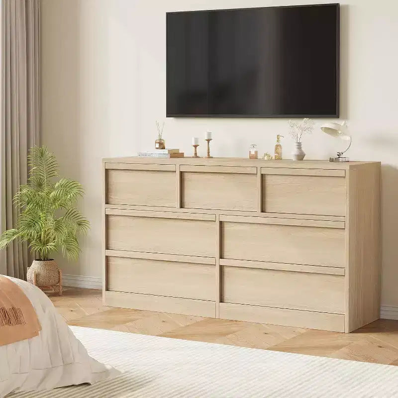 Commode de rangement à 6 tiroirs avec plateau imperméable, finition chêne naturel, pour chambre ou entrée