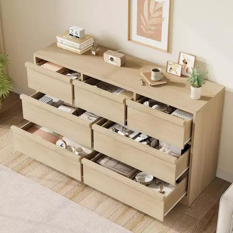 Commode de rangement à 6 tiroirs avec plateau imperméable, finition chêne naturel, pour chambre ou entrée