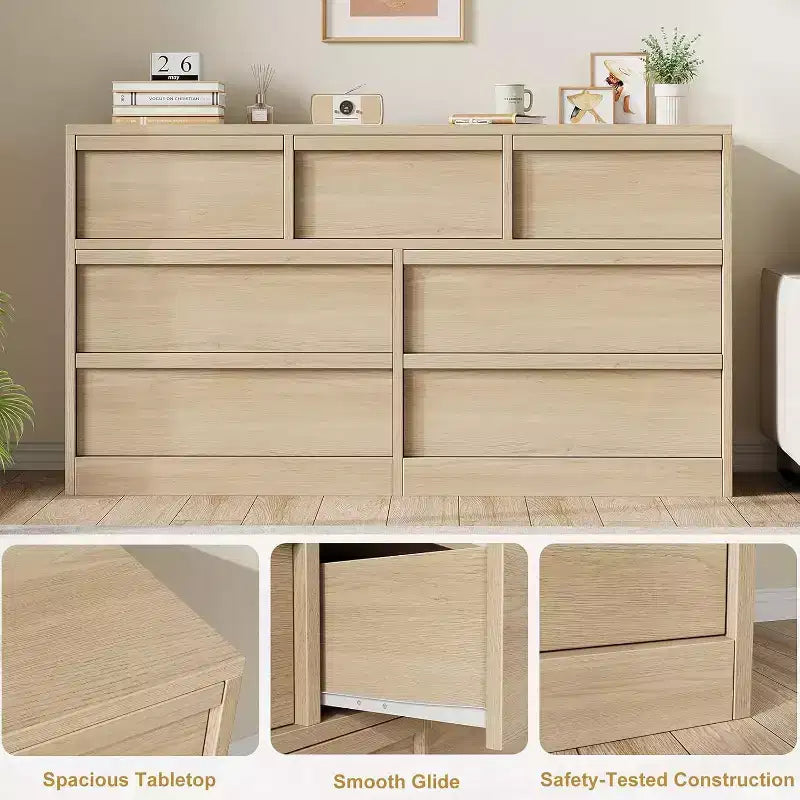 Commode de rangement à 6 tiroirs avec plateau imperméable, finition chêne naturel, pour chambre ou entrée