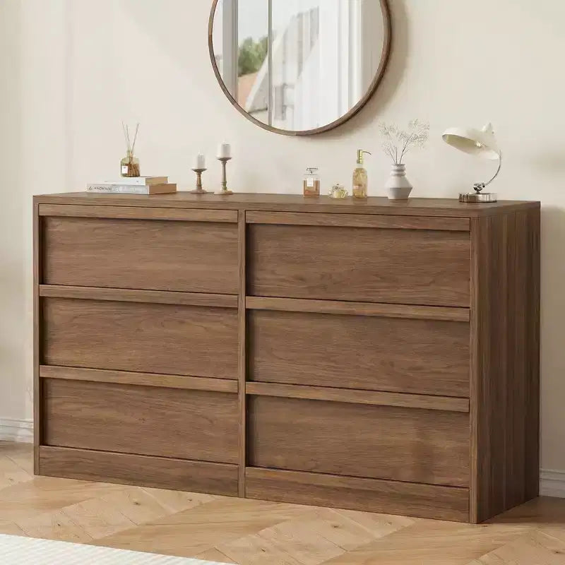 Commode de rangement à 6 tiroirs avec plateau imperméable, finition chêne naturel, pour chambre ou entrée