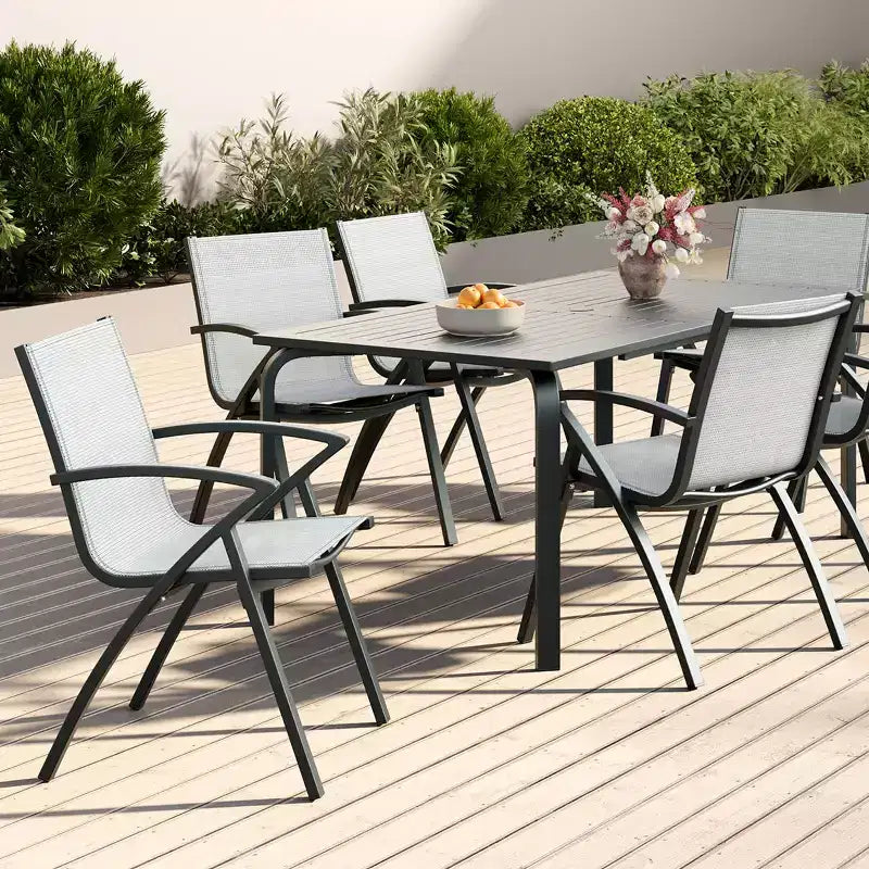 6 chaises de salle à manger modernes en aluminium pour l'extérieur, tissu textilène à séchage rapide, résistantes aux intempéries et à la rouille, sièges de patio ergonomiques de qualité commerciale