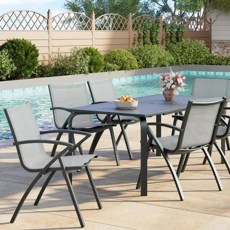 6 chaises de salle à manger modernes en aluminium pour l'extérieur, tissu textilène à séchage rapide, résistantes aux intempéries et à la rouille, sièges de patio ergonomiques de qualité commerciale