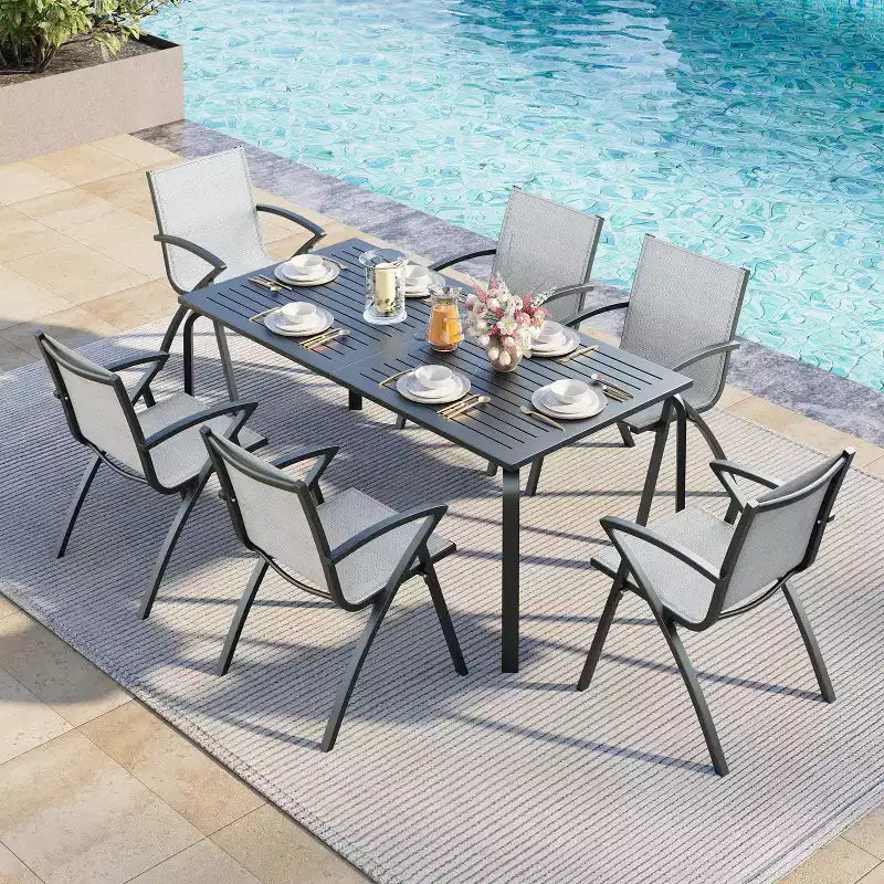 6 chaises de salle à manger modernes en aluminium pour l'extérieur, tissu textilène à séchage rapide, résistantes aux intempéries et à la rouille, sièges de patio ergonomiques de qualité commerciale