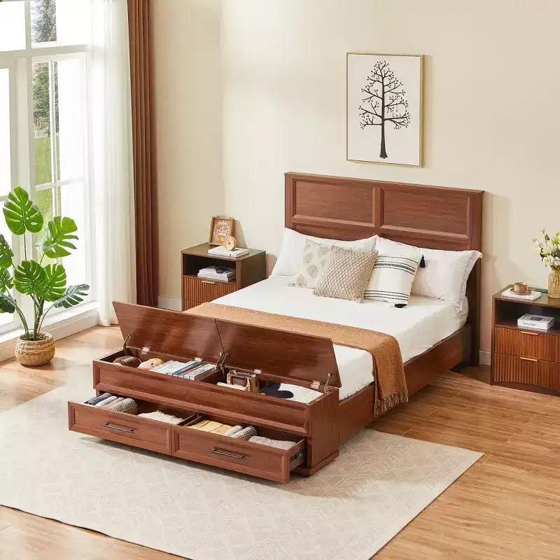 Cadre de lit moderne en bois avec tête de lit géométrique 3D et banc de rangement à 4 tiroirs