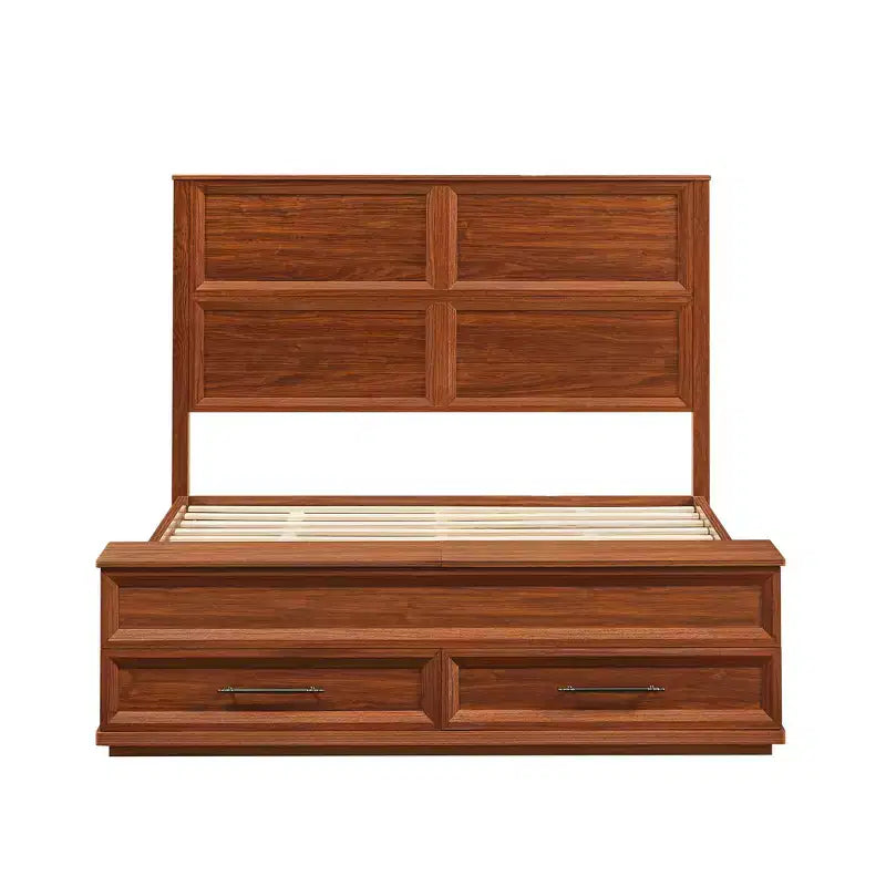 Cadre de lit moderne en bois avec tête de lit géométrique 3D et banc de rangement à 4 tiroirs