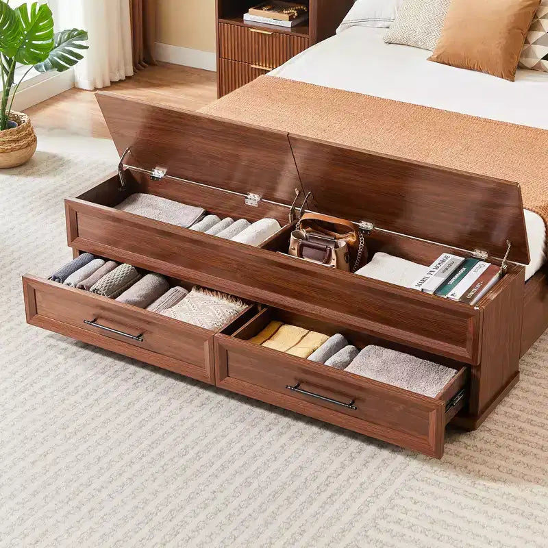 Cadre de lit moderne en bois avec tête de lit géométrique 3D et banc de rangement à 4 tiroirs