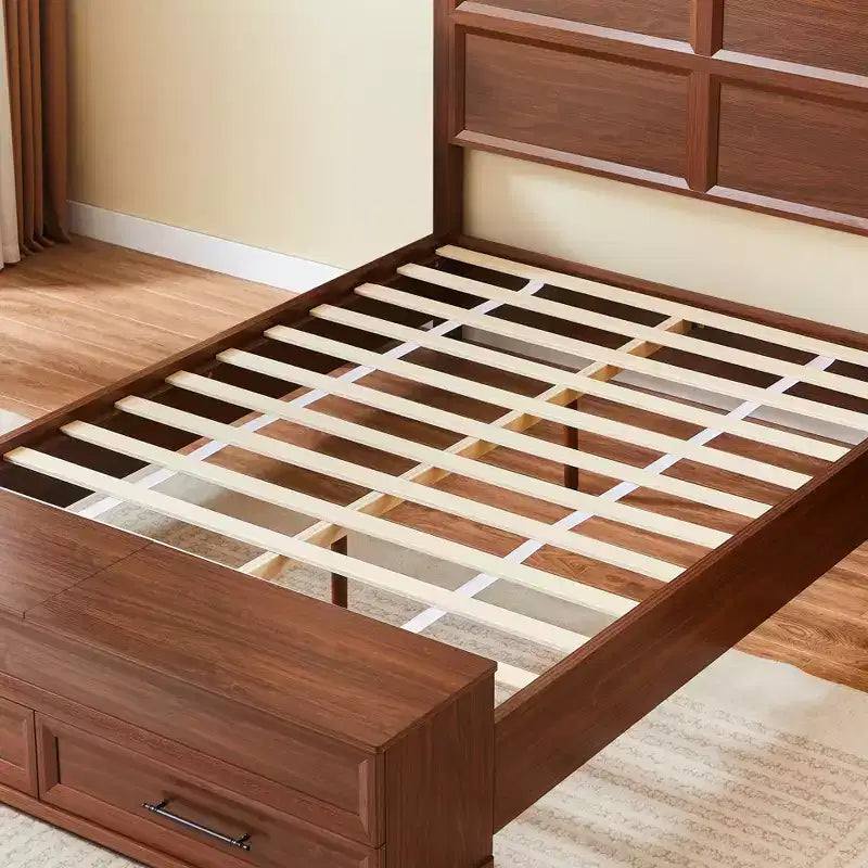 Cadre de lit moderne en bois avec tête de lit géométrique 3D et banc de rangement à 4 tiroirs