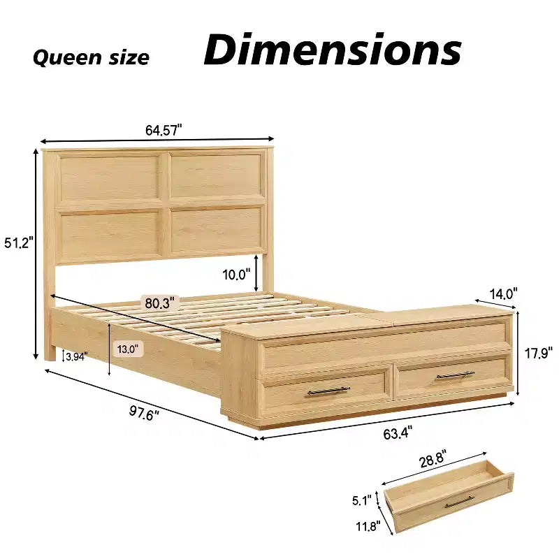 Cadre de lit moderne en bois avec tête de lit géométrique 3D et banc de rangement à 4 tiroirs