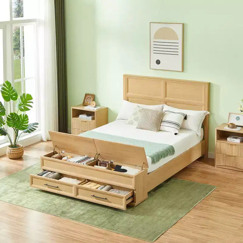 Cadre de lit moderne en bois avec tête de lit géométrique 3D et banc de rangement à 4 tiroirs