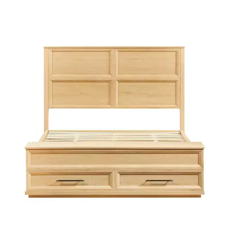 Cadre de lit moderne en bois avec tête de lit géométrique 3D et banc de rangement à 4 tiroirs