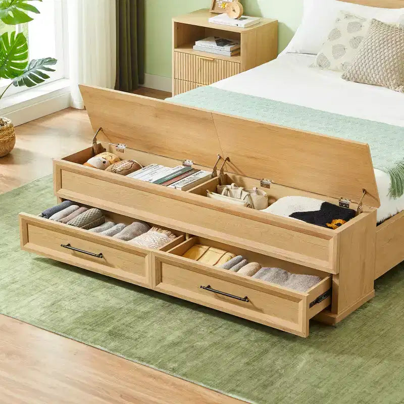 Cadre de lit moderne en bois avec tête de lit géométrique 3D et banc de rangement à 4 tiroirs
