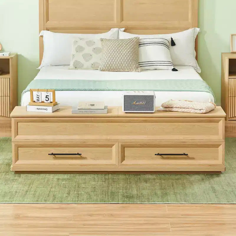 Cadre de lit moderne en bois avec tête de lit géométrique 3D et banc de rangement à 4 tiroirs