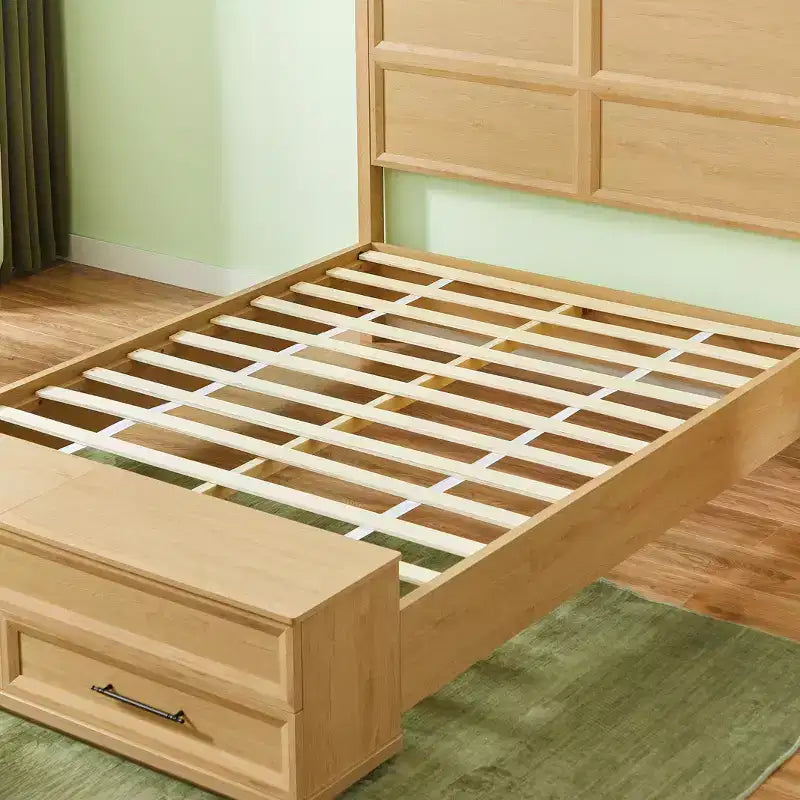 Cadre de lit moderne en bois avec tête de lit géométrique 3D et banc de rangement à 4 tiroirs
