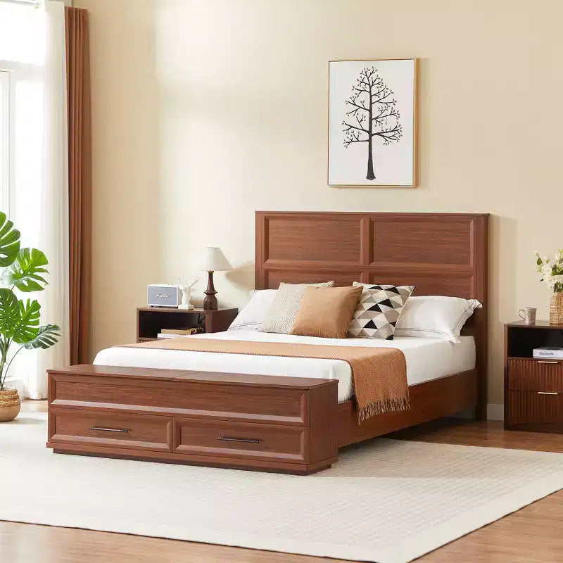 Cadre de lit moderne en bois avec tête de lit géométrique 3D et banc de rangement à 4 tiroirs