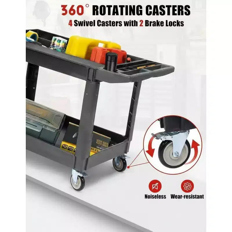 Chariot de service utilitaire roulant à 2 niveaux avec roues pivotantes à 360° et freins, 250 kg, poignée de rangement ergonomique pour entrepôt/garage/nettoyage, 101,6 x 43,2 cm