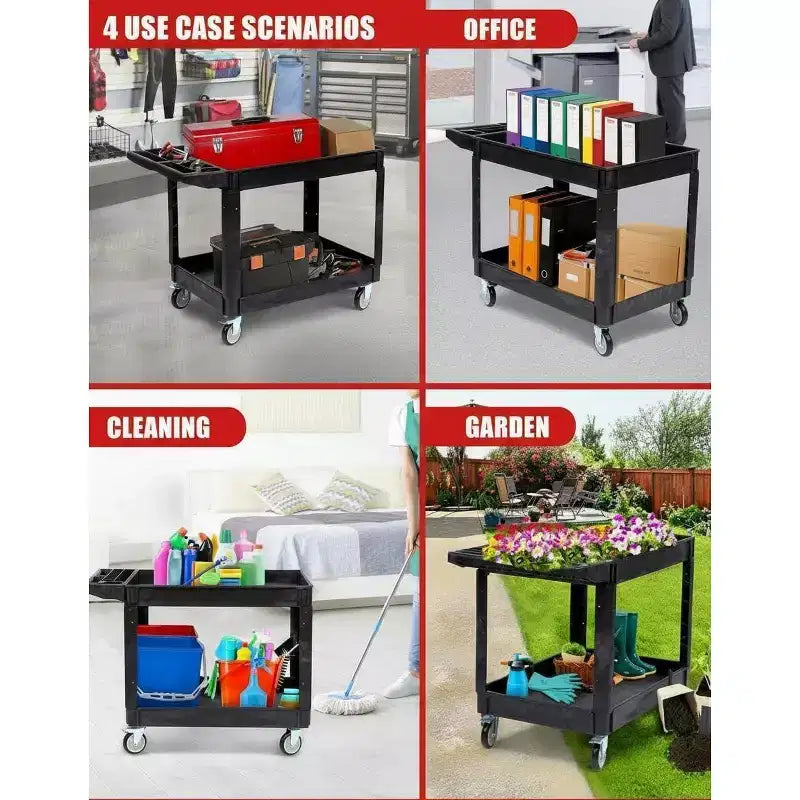 Chariot de service utilitaire roulant à 2 niveaux avec roues pivotantes à 360° et freins, 250 kg, poignée de rangement ergonomique pour entrepôt/garage/nettoyage, 101,6 x 43,2 cm