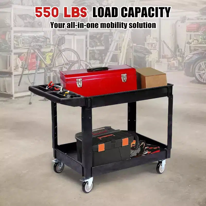 Chariot de service utilitaire roulant à 2 niveaux avec roues pivotantes à 360° et freins, 250 kg, poignée de rangement ergonomique pour entrepôt/garage/nettoyage, 101,6 x 43,2 cm