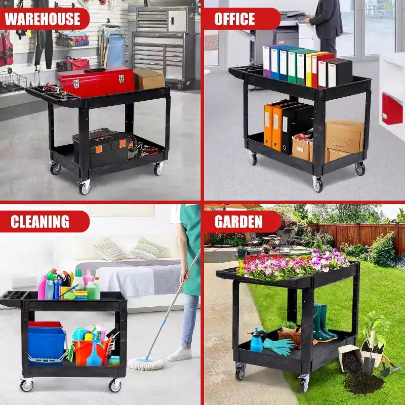 Chariot de service utilitaire roulant à 2 niveaux avec roues pivotantes à 360° et freins, 250 kg, poignée de rangement ergonomique pour entrepôt/garage/nettoyage, 101,6 x 43,2 cm