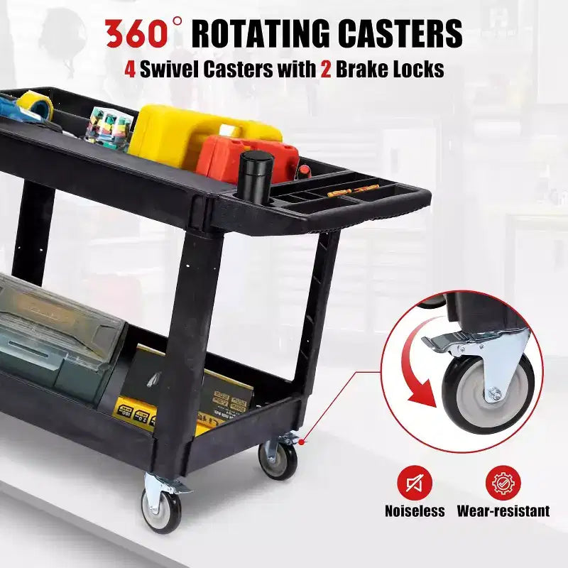 Chariot de service utilitaire roulant à 2 niveaux avec roues pivotantes à 360° et freins, 250 kg, poignée de rangement ergonomique pour entrepôt/garage/nettoyage, 101,6 x 43,2 cm