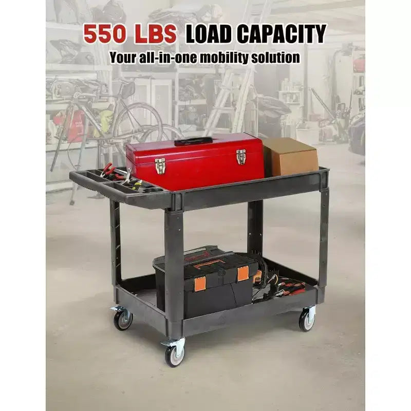 Chariot de service utilitaire roulant à 2 niveaux avec roues pivotantes à 360° et freins, 250 kg, poignée de rangement ergonomique pour entrepôt/garage/nettoyage, 101,6 x 43,2 cm
