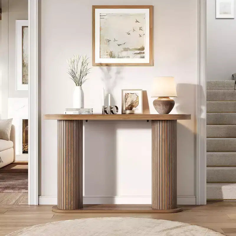 Console d'entrée ovale cannelée, Table de canapé étroite moderne derrière le canapé avec étagère de rangement, Table d'appoint en bois pour le couloir du salon