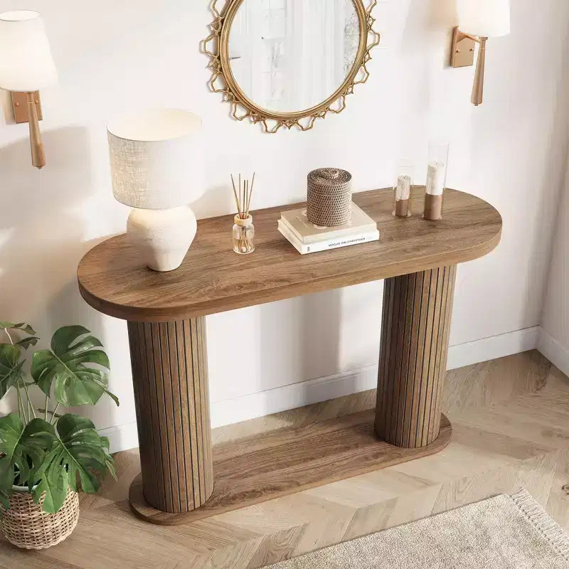 Console d'entrée ovale cannelée, Table de canapé étroite moderne derrière le canapé avec étagère de rangement, Table d'appoint en bois pour le couloir du salon