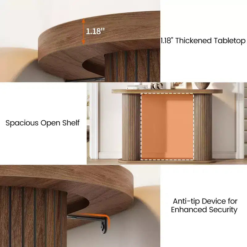 Console d'entrée ovale cannelée, Table de canapé étroite moderne derrière le canapé avec étagère de rangement, Table d'appoint en bois pour le couloir du salon