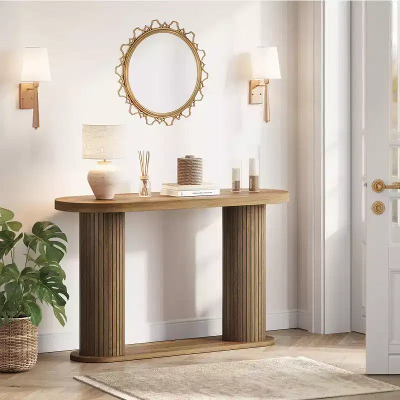 Console d'entrée ovale cannelée, Table de canapé étroite moderne derrière le canapé avec étagère de rangement, Table d'appoint en bois pour le couloir du salon