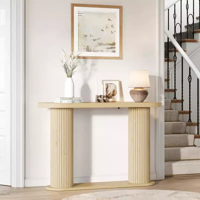 Console d'entrée ovale cannelée, Table de canapé étroite moderne derrière le canapé avec étagère de rangement, Table d'appoint en bois pour le couloir du salon