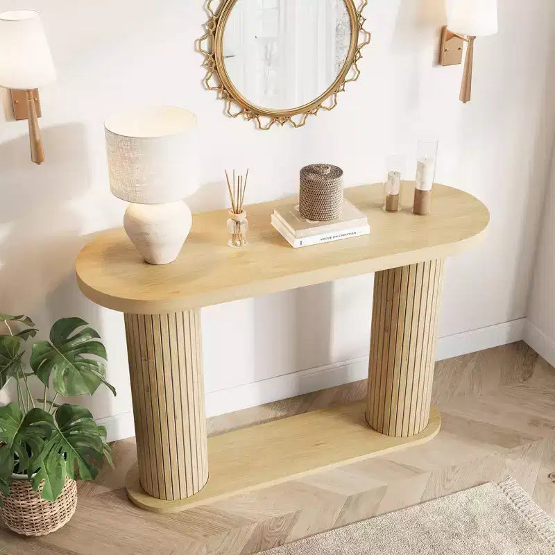 Console d'entrée ovale cannelée, Table de canapé étroite moderne derrière le canapé avec étagère de rangement, Table d'appoint en bois pour le couloir du salon
