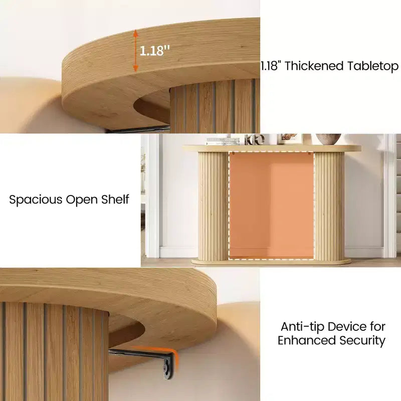Console d'entrée ovale cannelée, Table de canapé étroite moderne derrière le canapé avec étagère de rangement, Table d'appoint en bois pour le couloir du salon