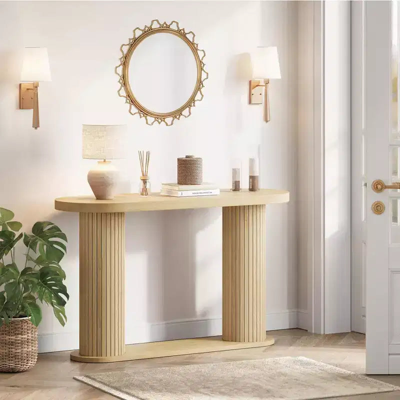 Console d'entrée ovale cannelée, Table de canapé étroite moderne derrière le canapé avec étagère de rangement, Table d'appoint en bois pour le couloir du salon