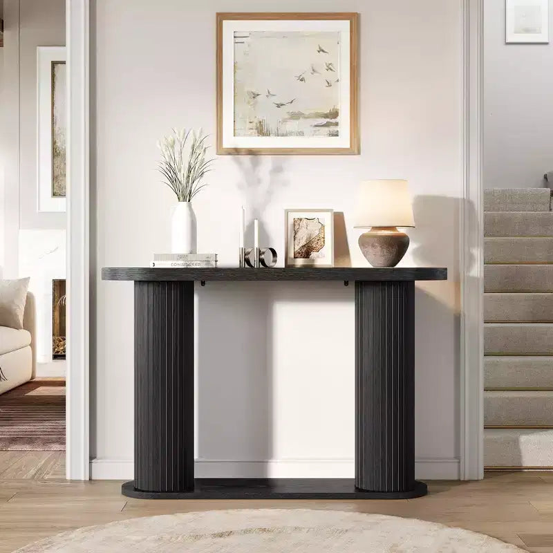 Console d'entrée ovale cannelée, Table de canapé étroite moderne derrière le canapé avec étagère de rangement, Table d'appoint en bois pour le couloir du salon