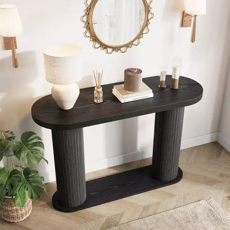 Console d'entrée ovale cannelée, Table de canapé étroite moderne derrière le canapé avec étagère de rangement, Table d'appoint en bois pour le couloir du salon