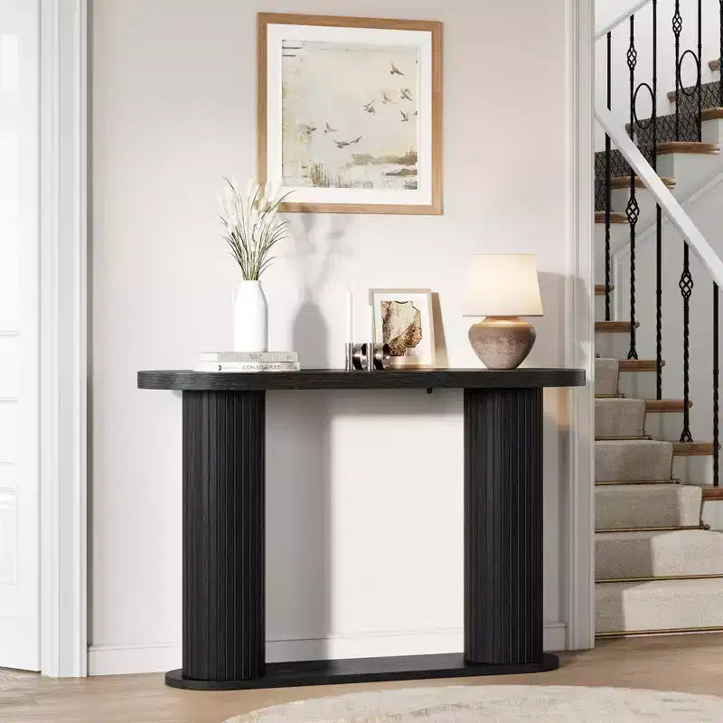 Console d'entrée ovale cannelée, Table de canapé étroite moderne derrière le canapé avec étagère de rangement, Table d'appoint en bois pour le couloir du salon