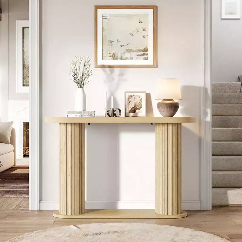 Console d'entrée ovale cannelée, Table de canapé étroite moderne derrière le canapé avec étagère de rangement, Table d'appoint en bois pour le couloir du salon