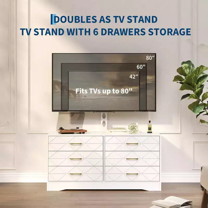 Meuble TV blanc avec support pour téléviseurs de 32 à 80 pouces, console multimédia en bois à 6 tiroirs et centre de divertissement avec support réglable en hauteur, commode TV de rangement