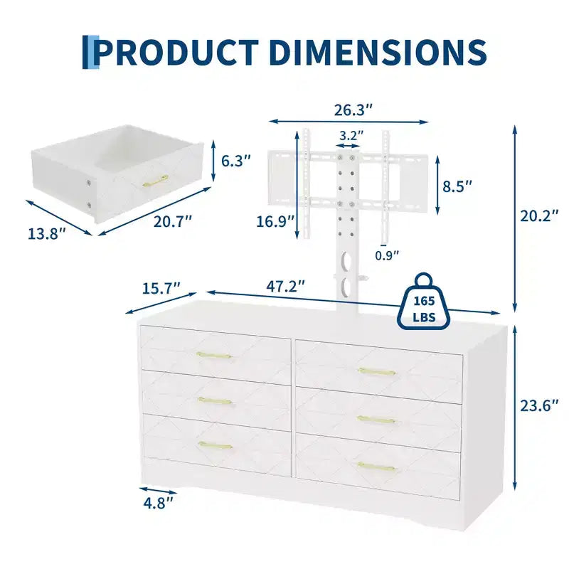 Meuble TV blanc avec support pour téléviseurs de 32 à 80 pouces, console multimédia en bois à 6 tiroirs et centre de divertissement avec support réglable en hauteur, commode TV de rangement