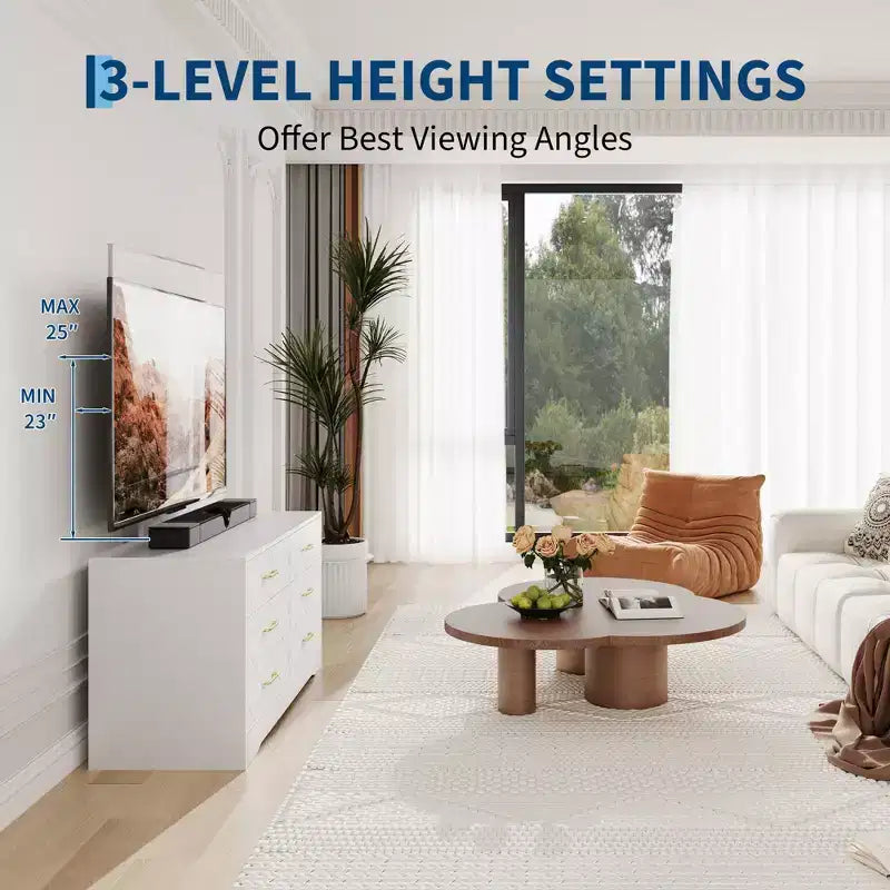Meuble TV blanc avec support pour téléviseurs de 32 à 80 pouces, console multimédia en bois à 6 tiroirs et centre de divertissement avec support réglable en hauteur, commode TV de rangement