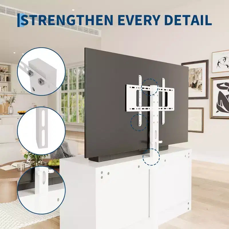 Meuble TV blanc avec support pour téléviseurs de 32 à 80 pouces, console multimédia en bois à 6 tiroirs et centre de divertissement avec support réglable en hauteur, commode TV de rangement