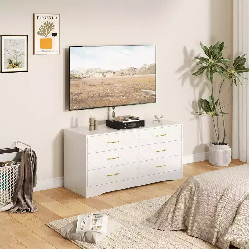 Meuble TV blanc avec support pour téléviseurs de 32 à 80 pouces, console multimédia en bois à 6 tiroirs et centre de divertissement avec support réglable en hauteur, commode TV de rangement