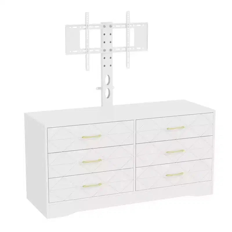 Meuble TV blanc avec support pour téléviseurs de 32 à 80 pouces, console multimédia en bois à 6 tiroirs et centre de divertissement avec support réglable en hauteur, commode TV de rangement